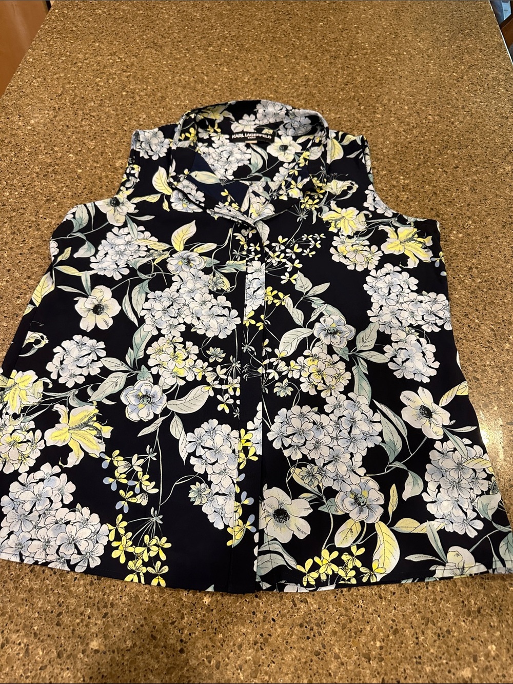 Karl Lagerfeld Black Floral Sleeveless Collared Blouse